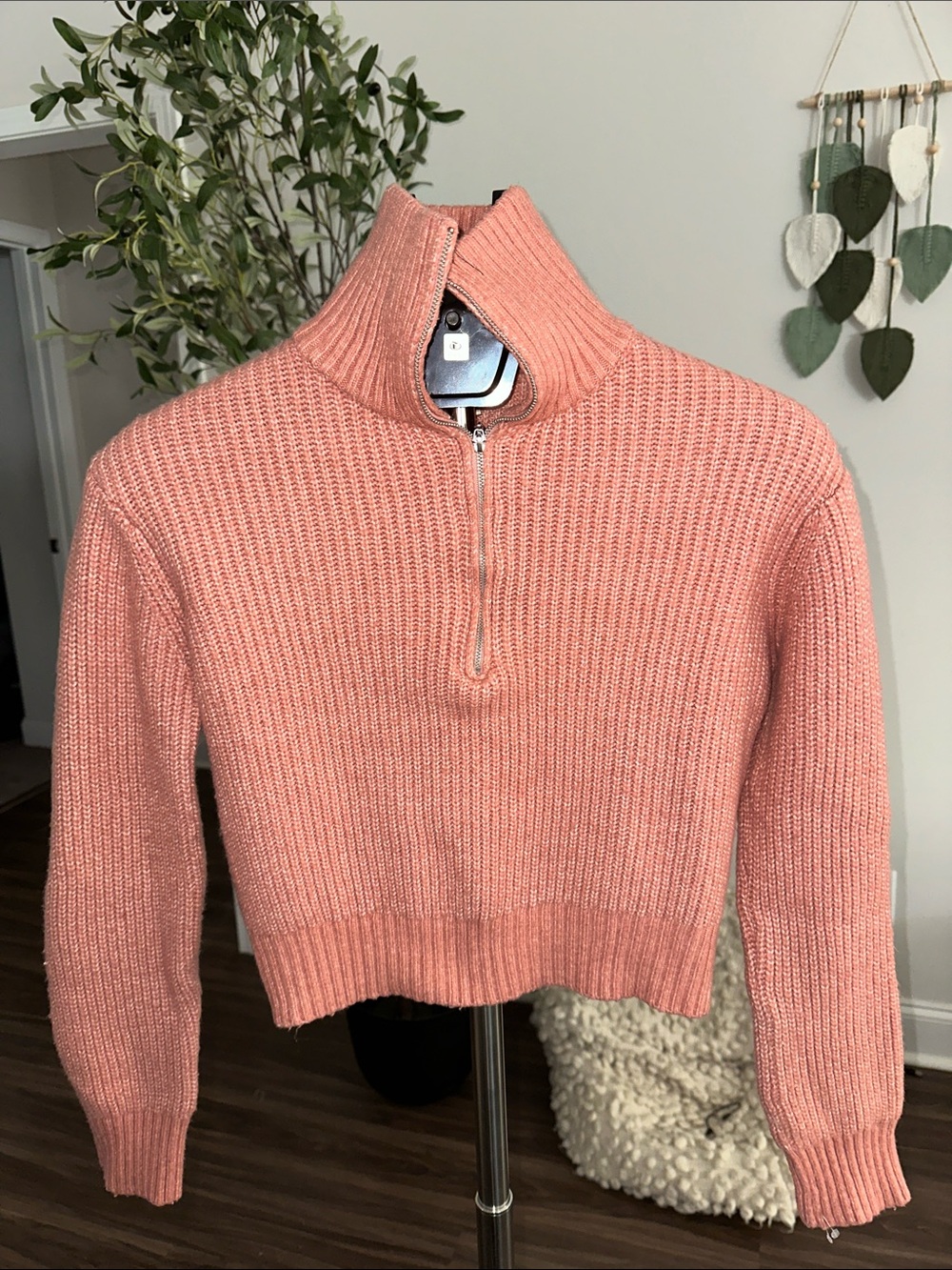 Women's Cropped Half-Zip Sweater - Peach